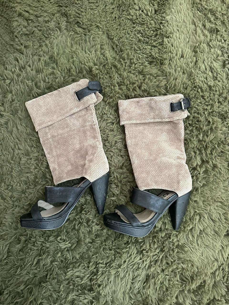 Jeffrey Campbell Beige Suede Fold-Over Heeled Boots With Black Straps